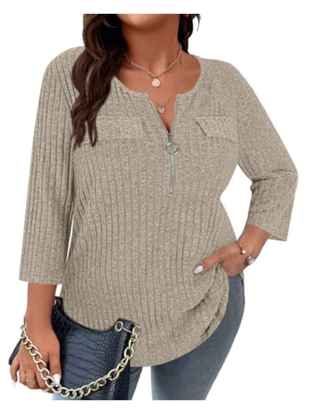 Women's Plus Size Half Zip V Neck 3/4 Sleeve Ribbed Sweater Top